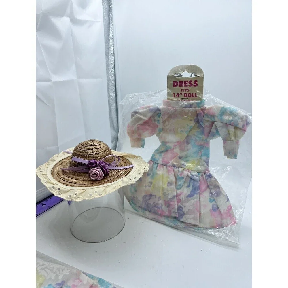 Vintage Doll Dress For 14 IN DOLL Country Floral Print With Lace Trim Hat
